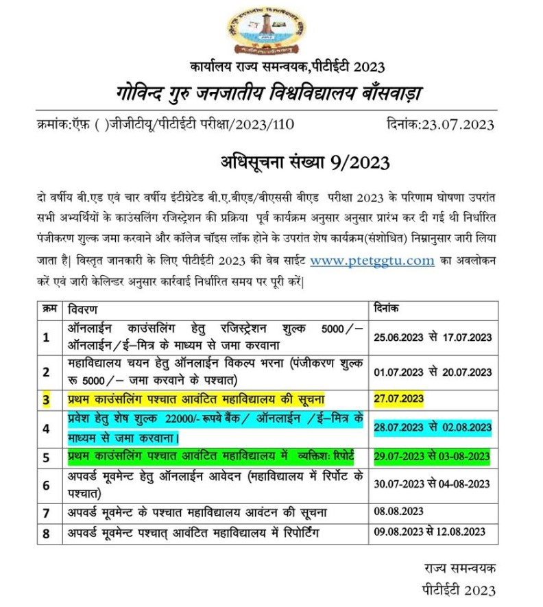 2 Years & 4 years Rajasthan PTET Counselling dates 2023, Registration  Schedule & College Allotment Date